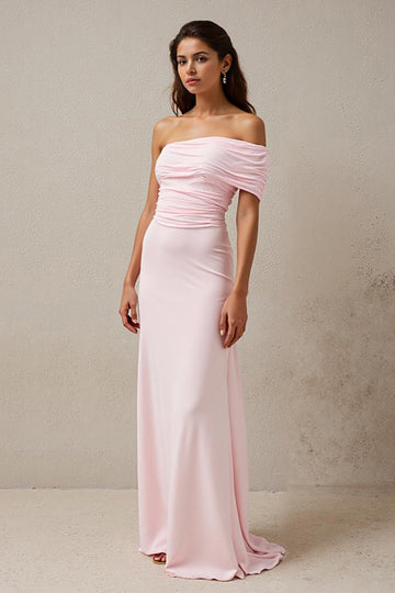 One Shoulder Light Pink Ruched Sheath Long Evening Dress